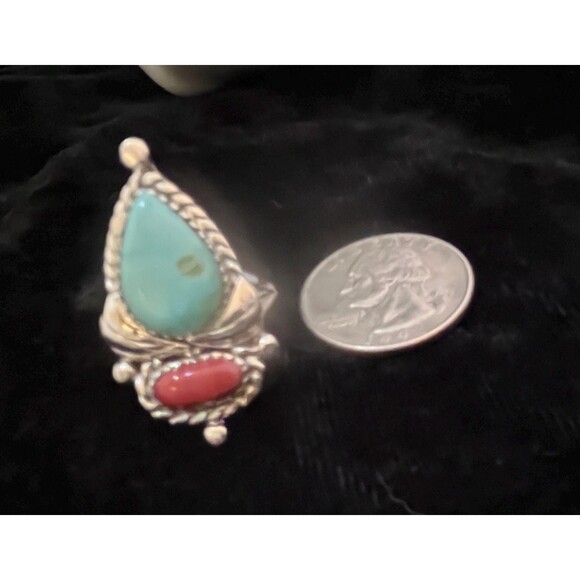 Navajo Sterling Turquoise and Coral Ring #427 SIGNED - Picture 5 of 7